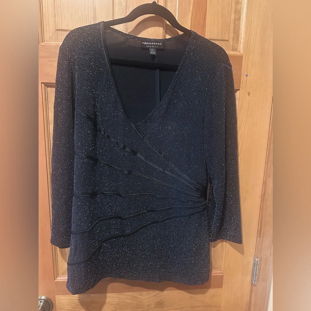 Connected Apparel XL Black Sparkle Top Wrap Ruched Metallic Stretch
